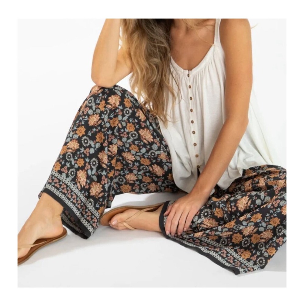 Natural Life Go With The Flow Charcoal Floral Wide Leg Bell Bottom Pants medium - Picture 2 of 8